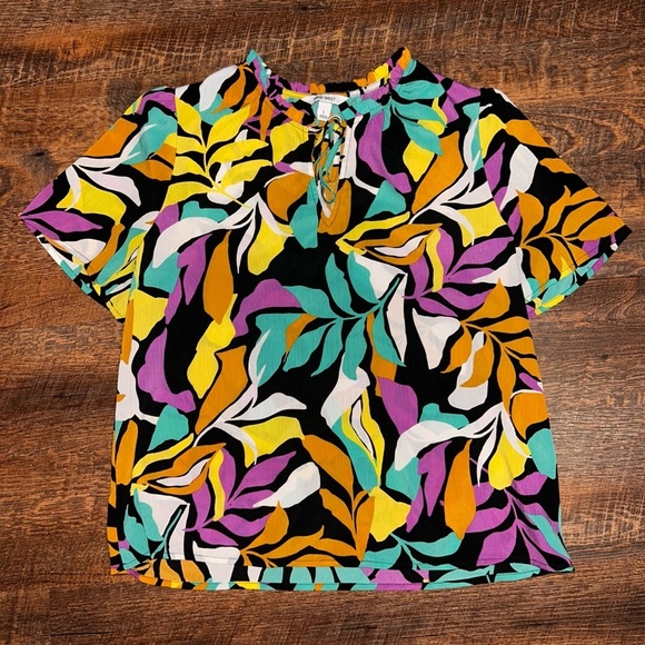 Nine West Top Blouse Womens Large Short Sleeve Round Neck Floral Multicolor - Picture 2 of 3